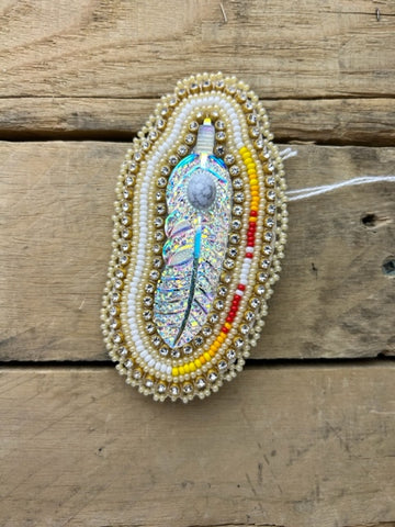 Gold/ White Beaded Opalescent Feather Pin