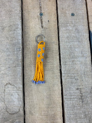 Beaded Keychain Orange With Blue Flowers