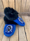Blue Commercial Hide Black Rabbit Fur Cuff Beaded Slipper