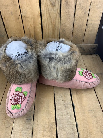 Junior Pink Suede Leather Beaded Rabbit Fur Trim Moccasin Slippers