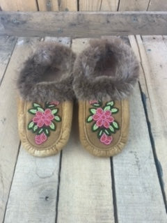 Moosehide Beaver Cuff Slipper with Pink/Green Beading