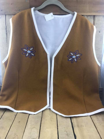 Brown Stroud Vest with Blue Embroidered Flowers and Melton Cloth Inner Lining. 22” chest / 24.5” Length