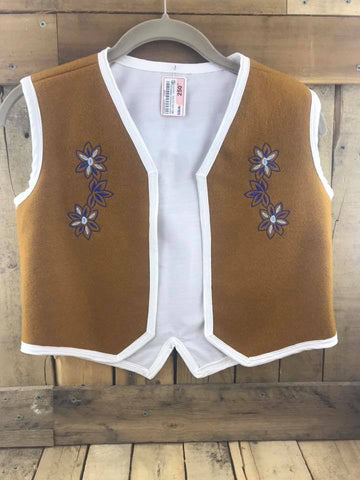 Brown Stroud Vest with Blue and White Beaded Flowers and Melton Cloth Inner Lining. 16” chest / 17” Length