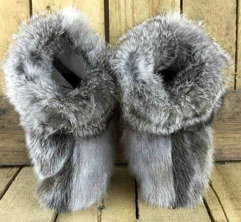 Seal Fur Slippers with Grey Rabbit Trim and Muskox Leather Soles