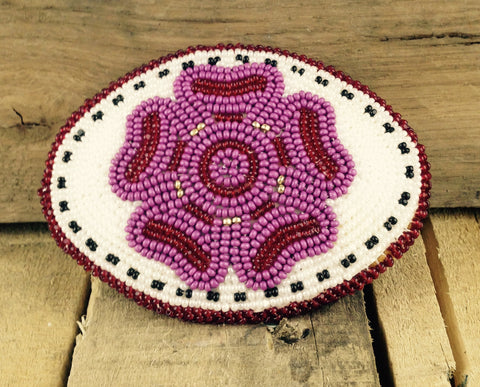 Pink/Red Flower  with White Background Beaded Belt Buckle