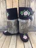 Burgundy commercial hide and stroud mukluks with brown rabbit fur
