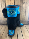 Bright blue stroud and black leather mukluks with black rabbit fur