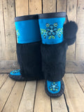 Bright blue stroud and black leather mukluks with black rabbit fur