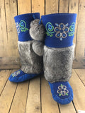 Navy  blue stroud and suede mukluks with grey rabbit fur