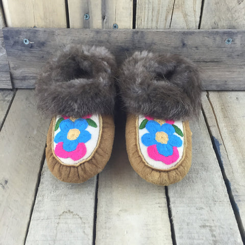 Embroidered Blue Flowers on Hand Tanned Hide Slippers with Beaver Fur