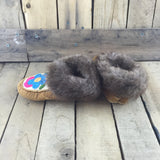 Embroidered Blue Flowers on Hand Tanned Hide Slippers with Beaver Fur