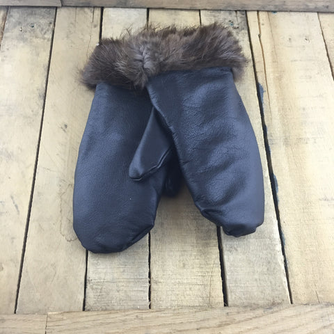 Black Leather Mitts with Alpaca Lining and Beaver Trim