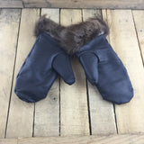 Black Leather Mitts with Alpaca Lining and Beaver Trim
