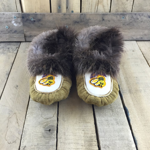 Beaded Bumble Bee Slippers on Commercial Moose Hide  with Beaver Fur