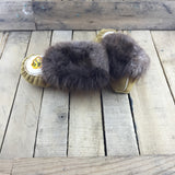 Beaded Bumble Bee Slippers on Commercial Moose Hide  with Beaver Fur