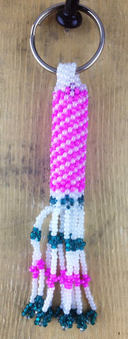 Pink and White Fully Beaded Cylinder Keychain